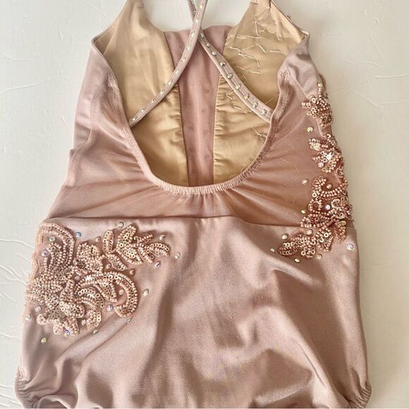 Custom solo custom dance costume leotard blush mauve rhinestone MC med child - Picture 6 of 14